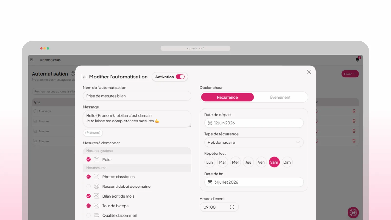 Demande automatique de mensurations dans WellMate